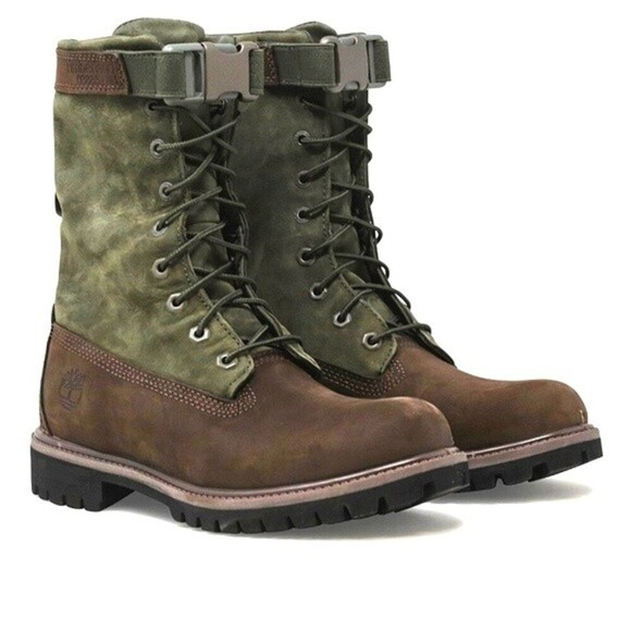 Timberland ALL LEATHER 6" PREMIUM BROWN OLIVE GREEN GAITER BOOTS A1Z2C